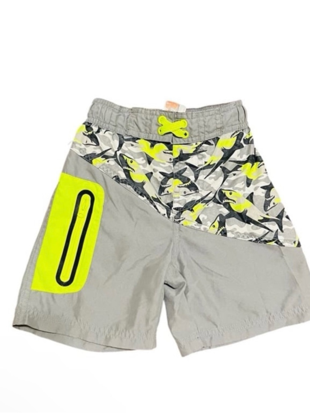 Boys Gray & Neon Yellow Shark Swim Trunks 4-5